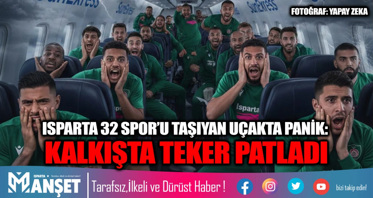 ISPARTA 32 SPOR&rsquo;U TAŞIYAN U&Ccedil;AKTA PANİK: KALKIŞTA TEKER PATLADI